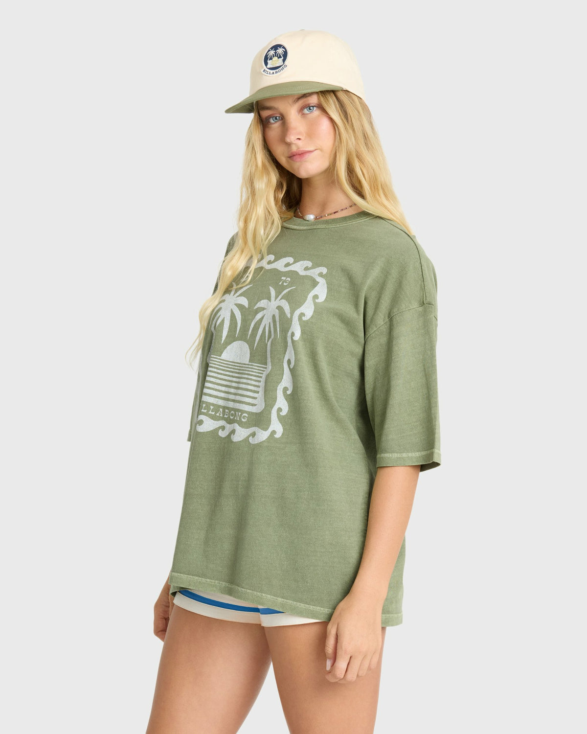 Billabong Women's Wave Stamp Short Sleeve Cotton T-Shirt - Army Green