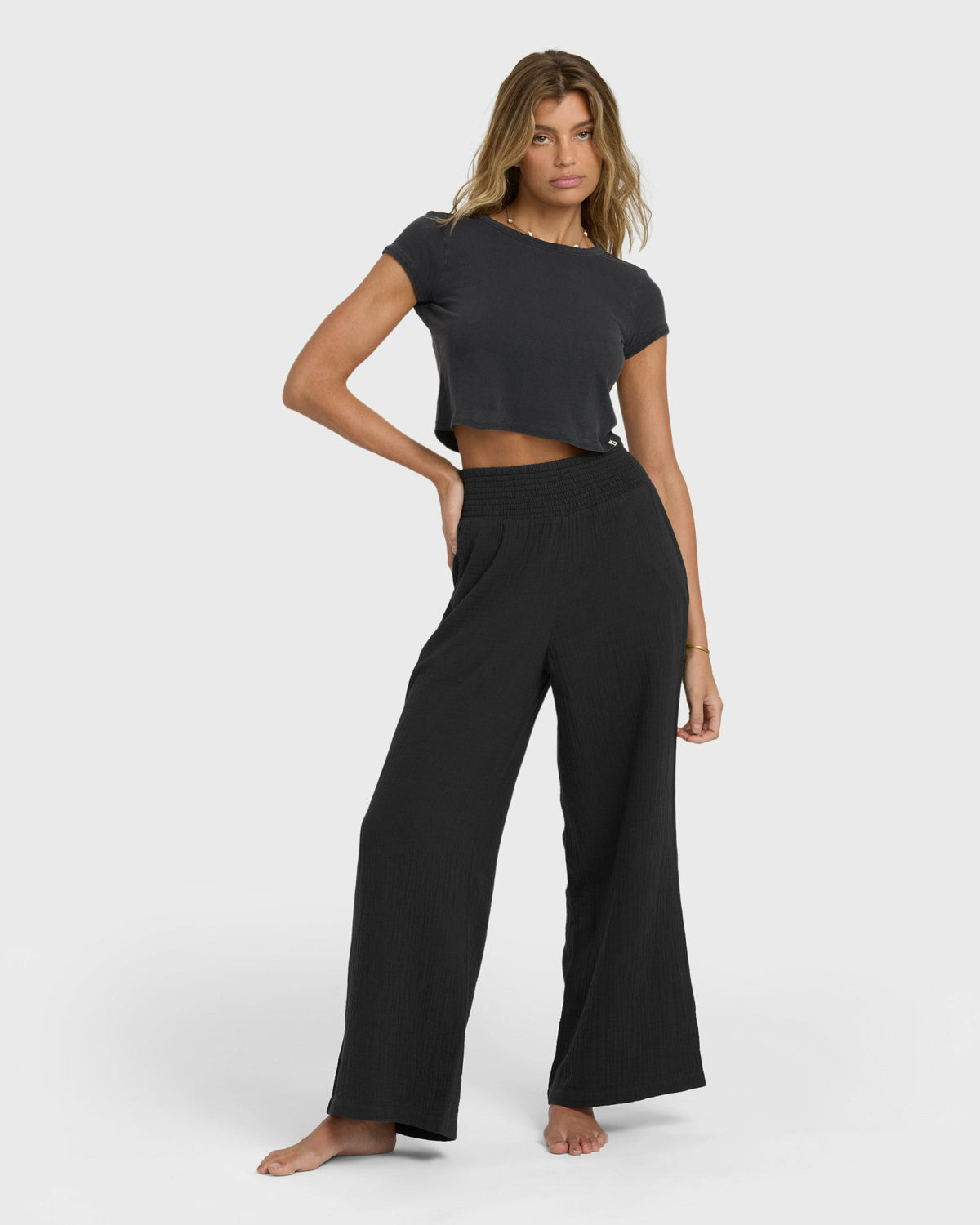 Billabong Women's New Waves Gauze Elastic Waist Pants - Black Sands
