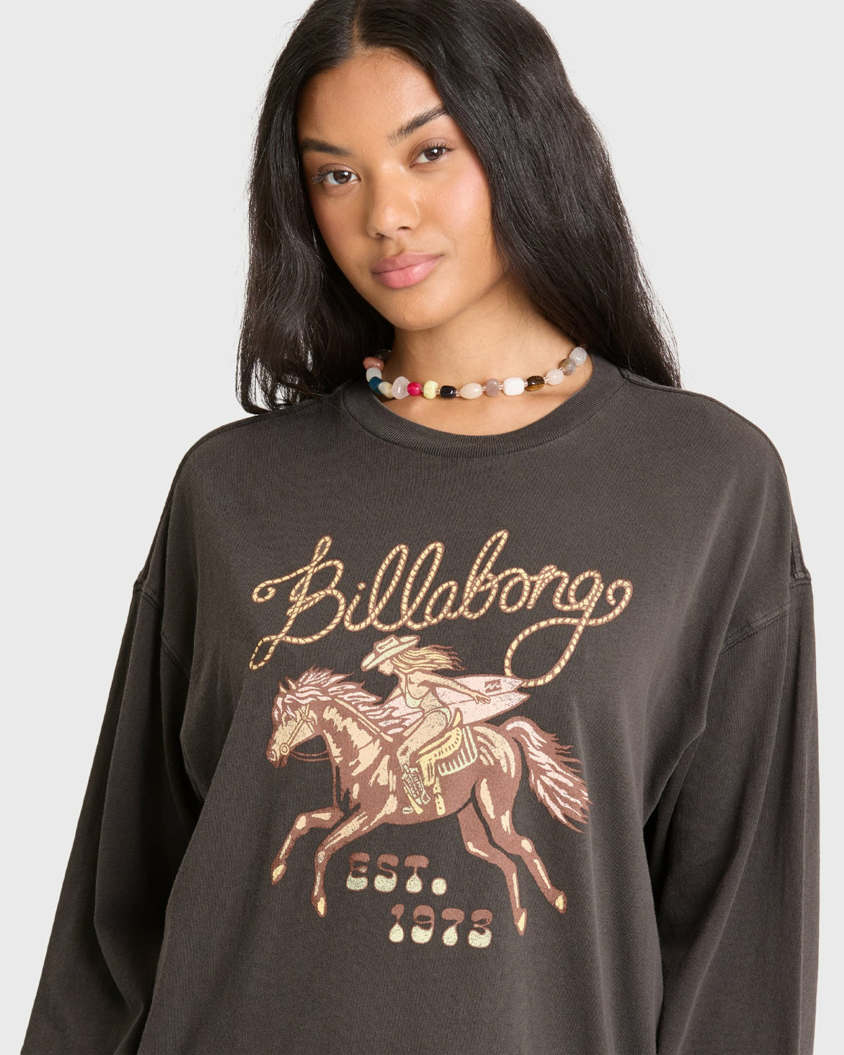 Billabong Women's Familiar Roads Long Sleeve Knit Graphic T-Shirt - Off Black
