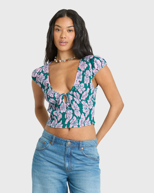 Billabong Women's Crush On You Short Sleeve Crepe Shirt - Deep Lagoon