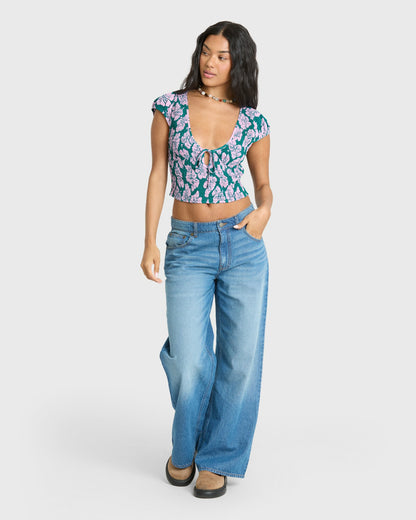 Billabong Women's Crush On You Short Sleeve Crepe Shirt - Deep Lagoon