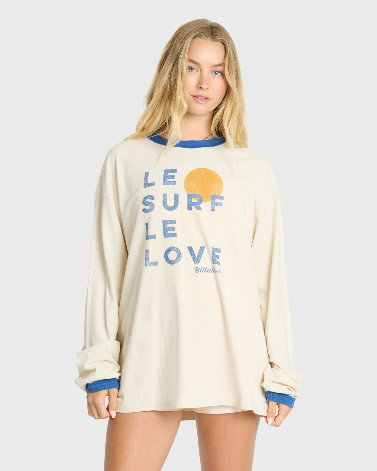 Billabong Women's Le Love Surf Ringer Long Sleeve Cotton T-Shirt - White Cap