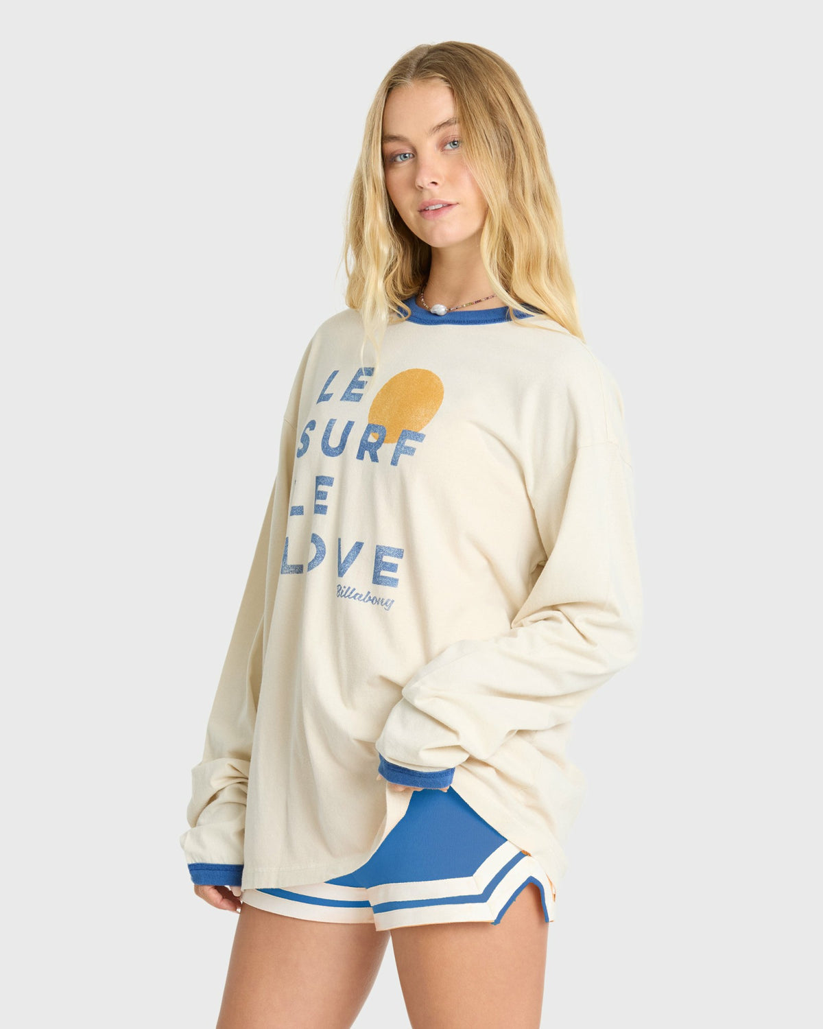 Billabong Women's Le Love Surf Ringer Long Sleeve Cotton T-Shirt - White Cap