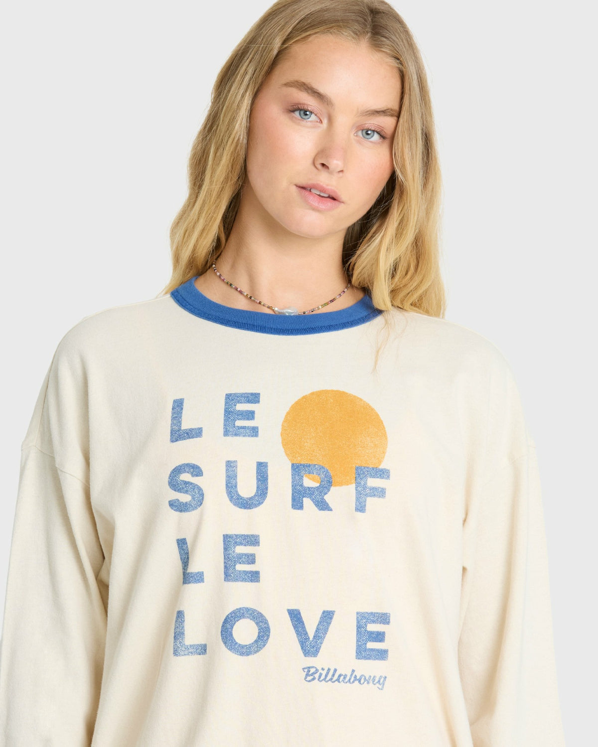 Billabong Women's Le Love Surf Ringer Long Sleeve Cotton T-Shirt - White Cap