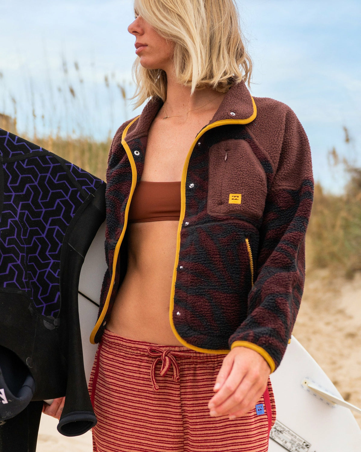 Billabong Women's A\/Div Popoyo Snap Up Sherpa Fleece Jacket - Teak