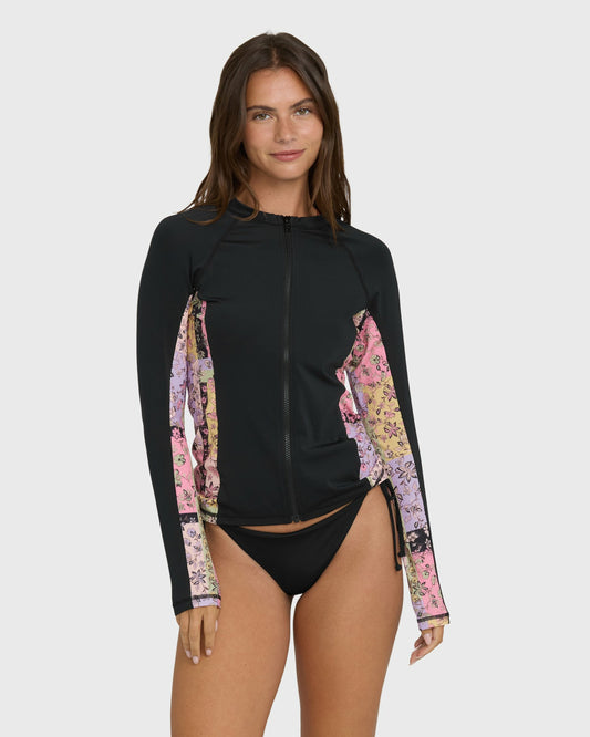 Billabong Women's Dreamy Daze Zip Front Long Sleeve Rashguard - Black Pebble