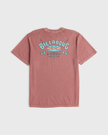 Billabong Men's Heritage Arch Wave Washed Premium Short Sleeve Cotton T-Shirt - Red Dahlia