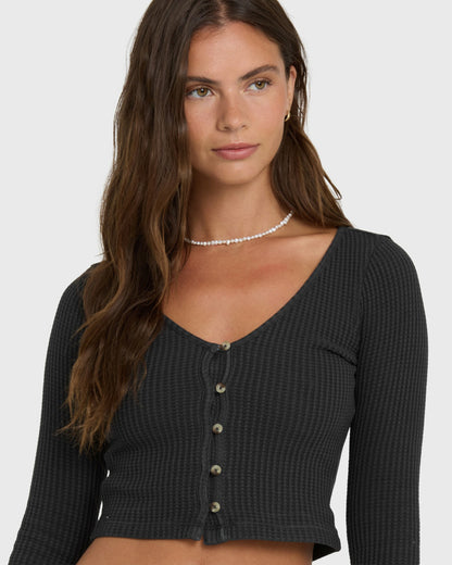 Billabong Women's Paxton Long Sleeve Cotton Knit Top - Black Sands