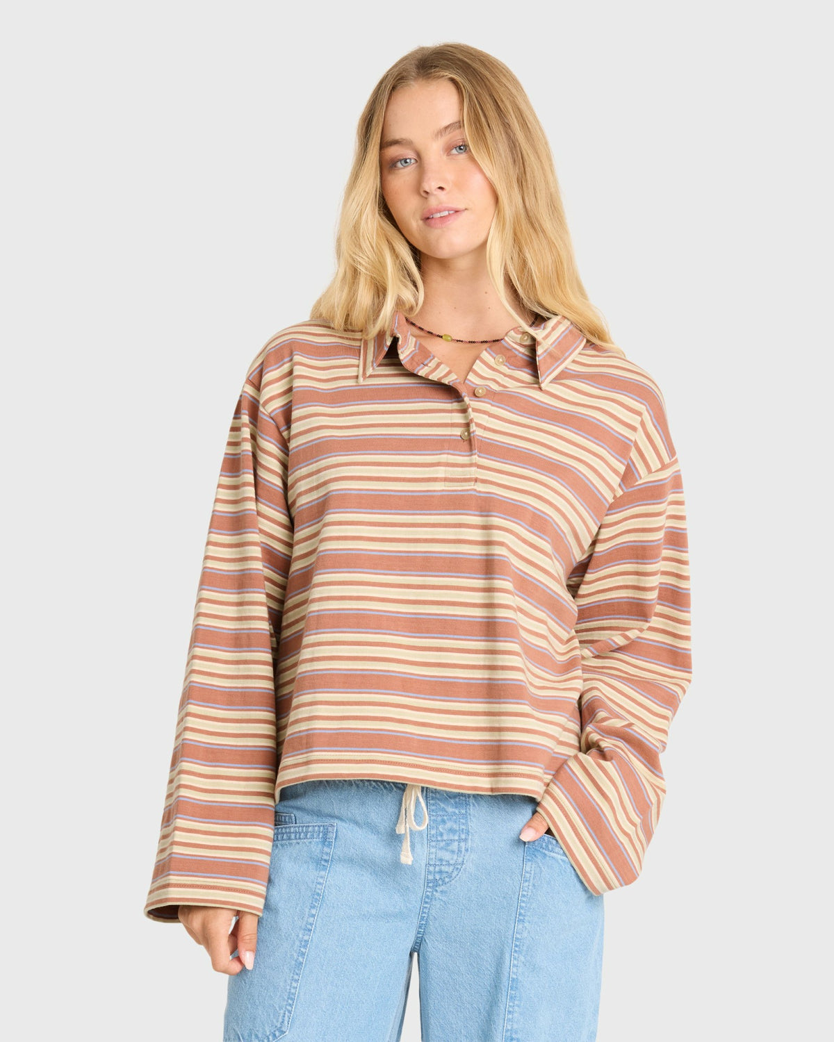 Billabong Women's Sugar Stripe Long Sleeve Cotton Polo Shirt - Sugar Almond
