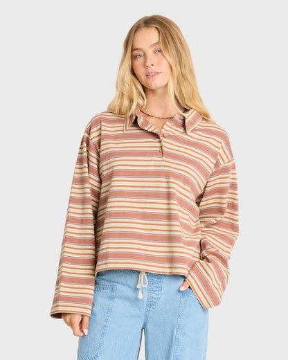 Billabong Women's Sugar Stripe Long Sleeve Cotton Polo Shirt - Sugar Almond