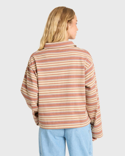 Billabong Women's Sugar Stripe Long Sleeve Cotton Polo Shirt - Sugar Almond
