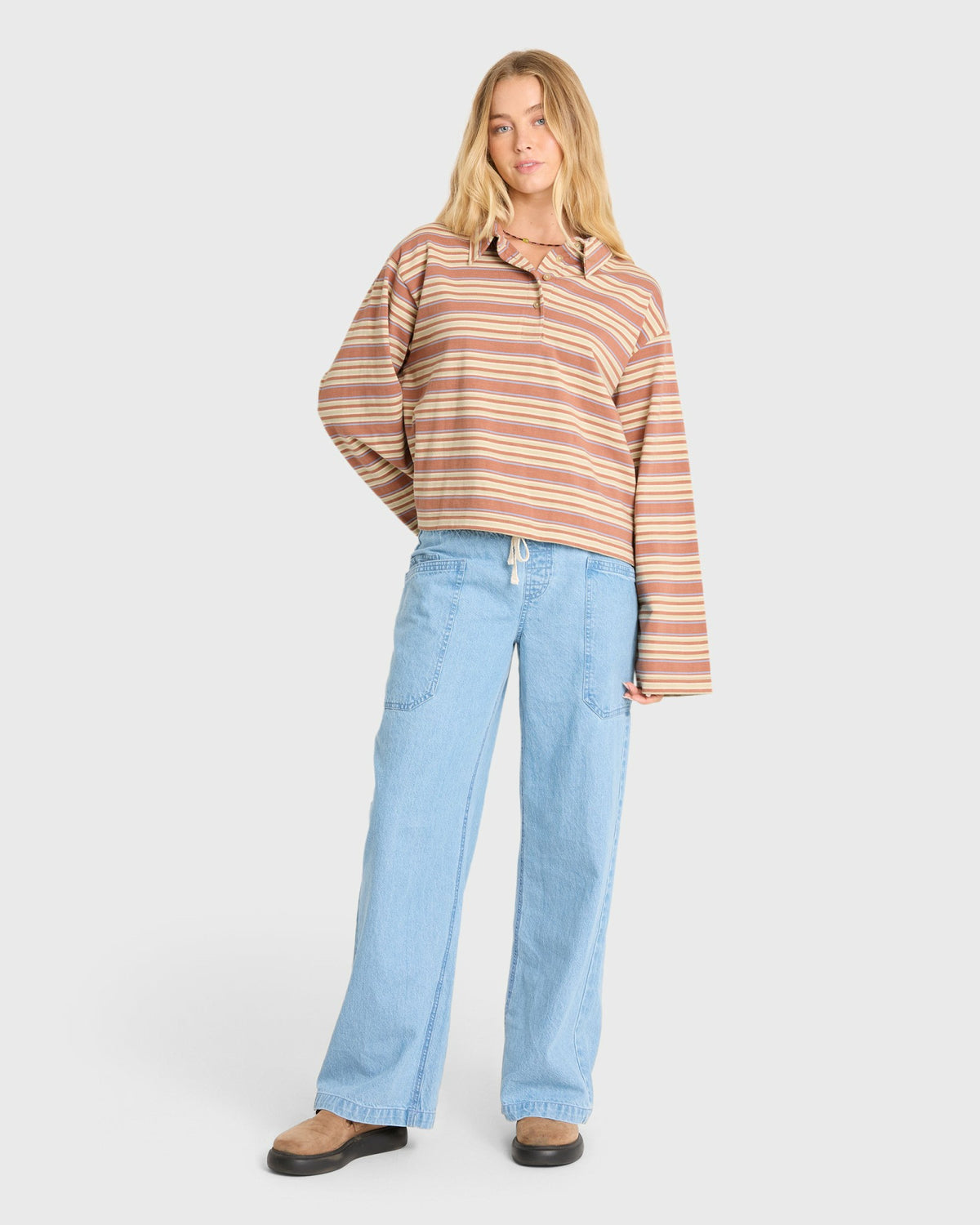 Billabong Women's Sugar Stripe Long Sleeve Cotton Polo Shirt - Sugar Almond