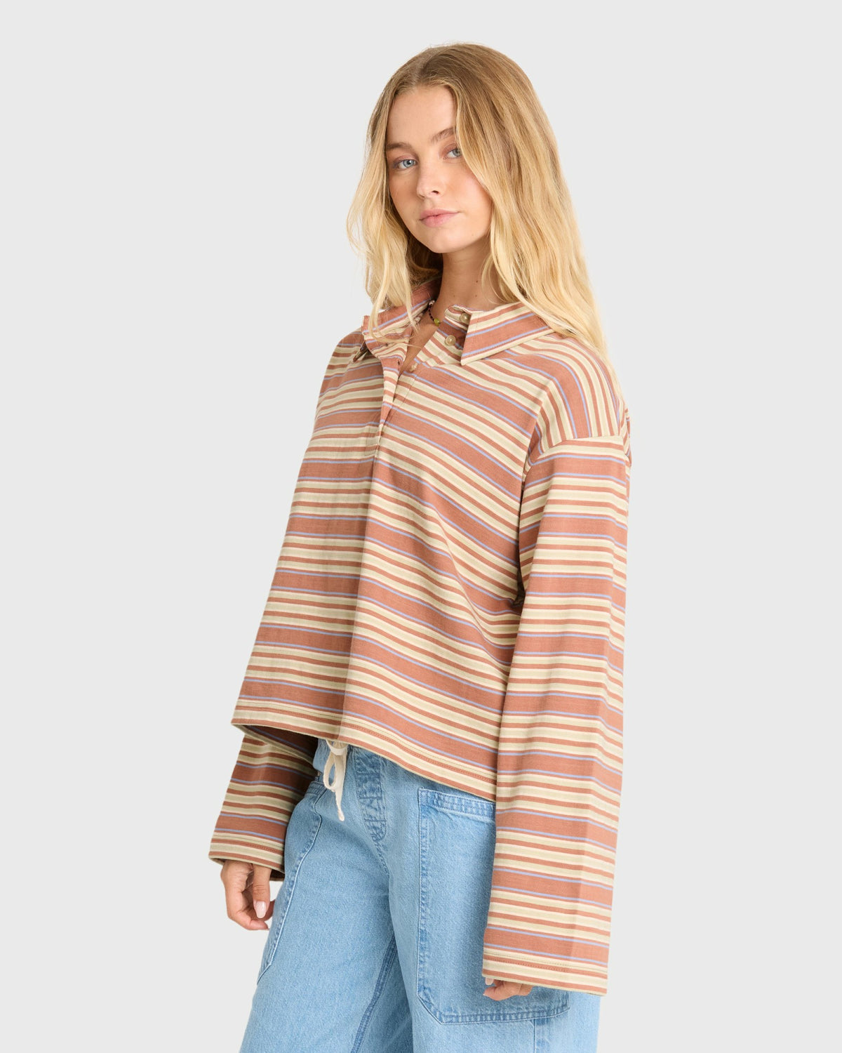 Billabong Women's Sugar Stripe Long Sleeve Cotton Polo Shirt - Sugar Almond