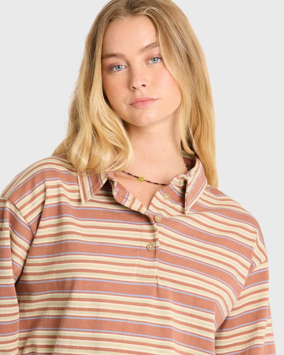 Billabong Women's Sugar Stripe Long Sleeve Cotton Polo Shirt - Sugar Almond