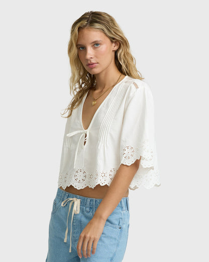 Billabong Women's Light And Airy Short Sleeve Cotton Blouse - Salt Crystal