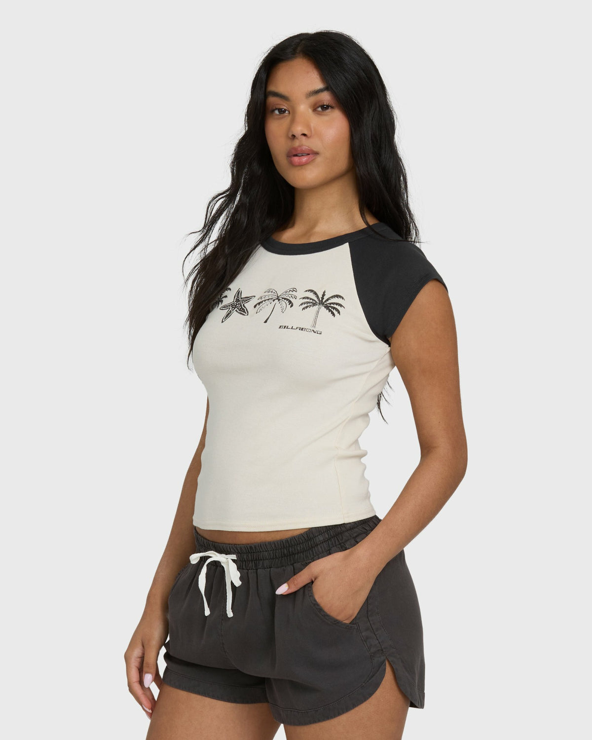 Billabong Women's Des Tropic Short Sleeve Raglan Top - White Cap