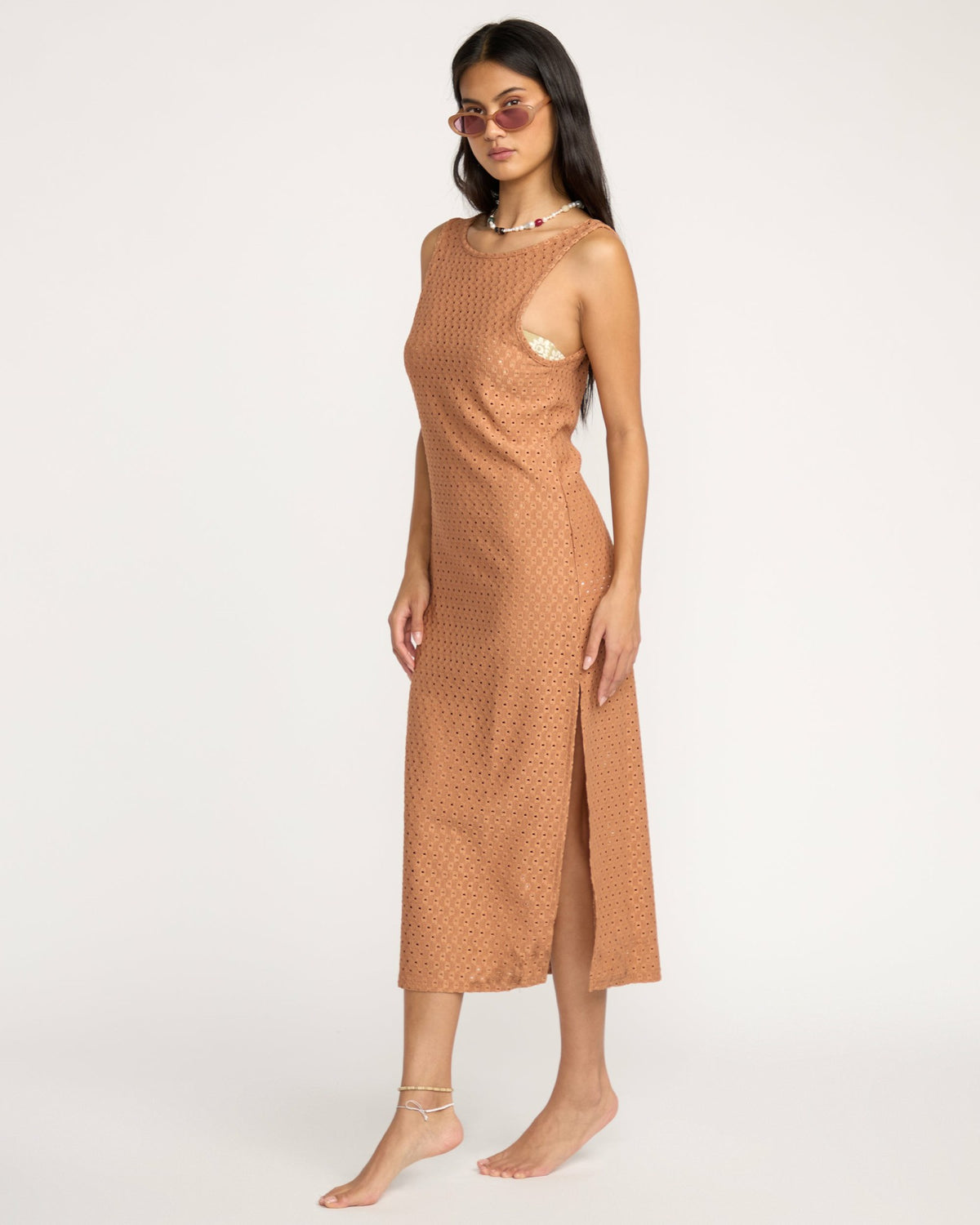 Billabong Women's Eyelet Sun Midi Dress Beach Coverup - Rose Brown
