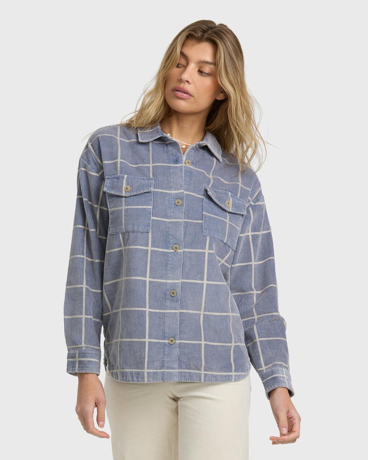 Billabong Women's Fadeaway Long Sleeve Cord Shacket - Stone Blue
