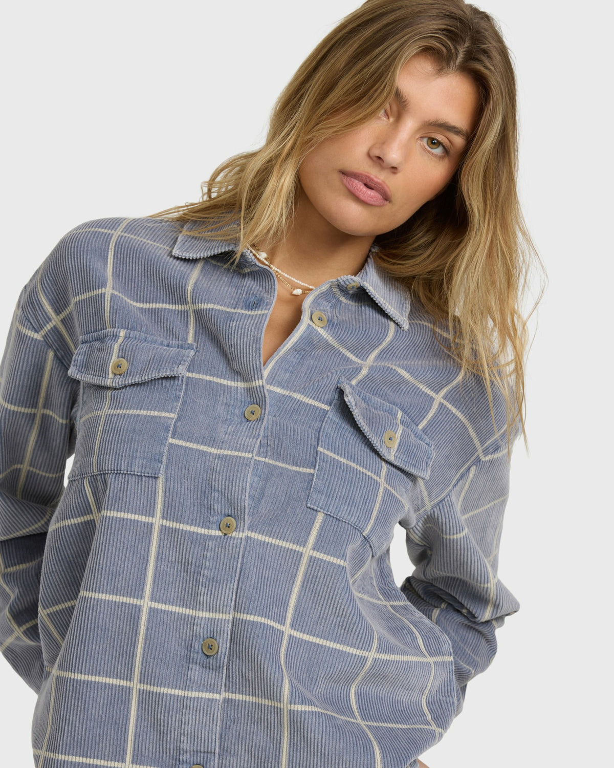 Billabong Women's Fadeaway Long Sleeve Cord Shacket - Stone Blue