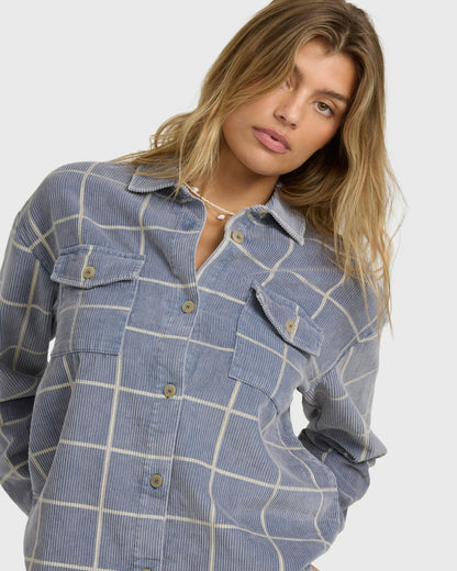 Billabong Women's Fadeaway Long Sleeve Cord Shacket - Stone Blue