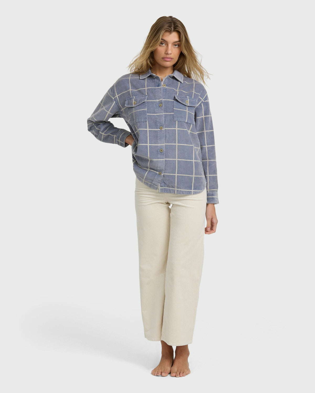 Billabong Women's Fadeaway Long Sleeve Cord Shacket - Stone Blue